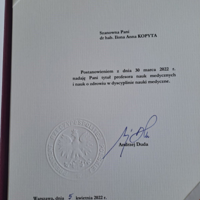 zdjęcie dokumentu nominacyjnego Prof. dr hab. n. med. Ilona Kopyta