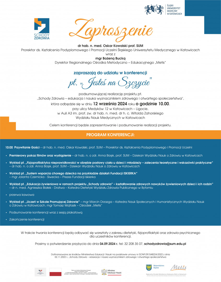 Plakat z zaproszeniem do udziału w konferencji „Jesteś na szczycie” wraz z programem wydarzenia.