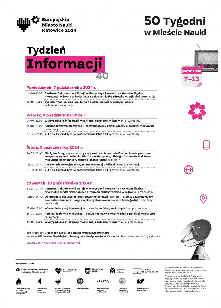Plakat Tygodnia Informacji. Jeśli chcesz dowiedzieć się więcej, zapraszamy na stronę: https://biblioteka.sum.edu.pl/tydzien-informacji-6-7-13-pazdziernika-2024-r/